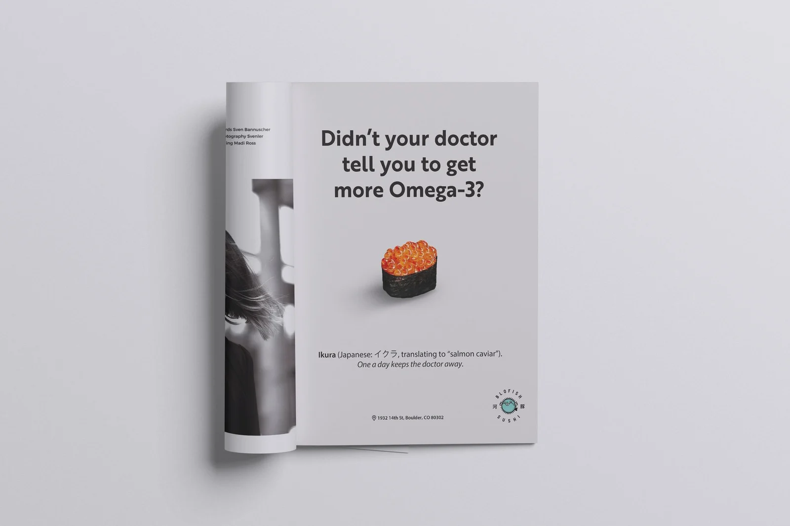 Blofish Sushi campaign ad in a magazine mockup