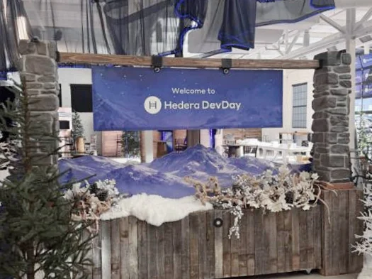 Hedera DevDay welcome area with mountain backdrop